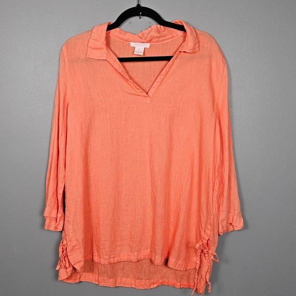 Isaac Mizrahi Tops - Isaac Mizrahi Women L Linen‎ Blouse 3/4 Sleeve Tie Hem Coastal Coral Resort Top